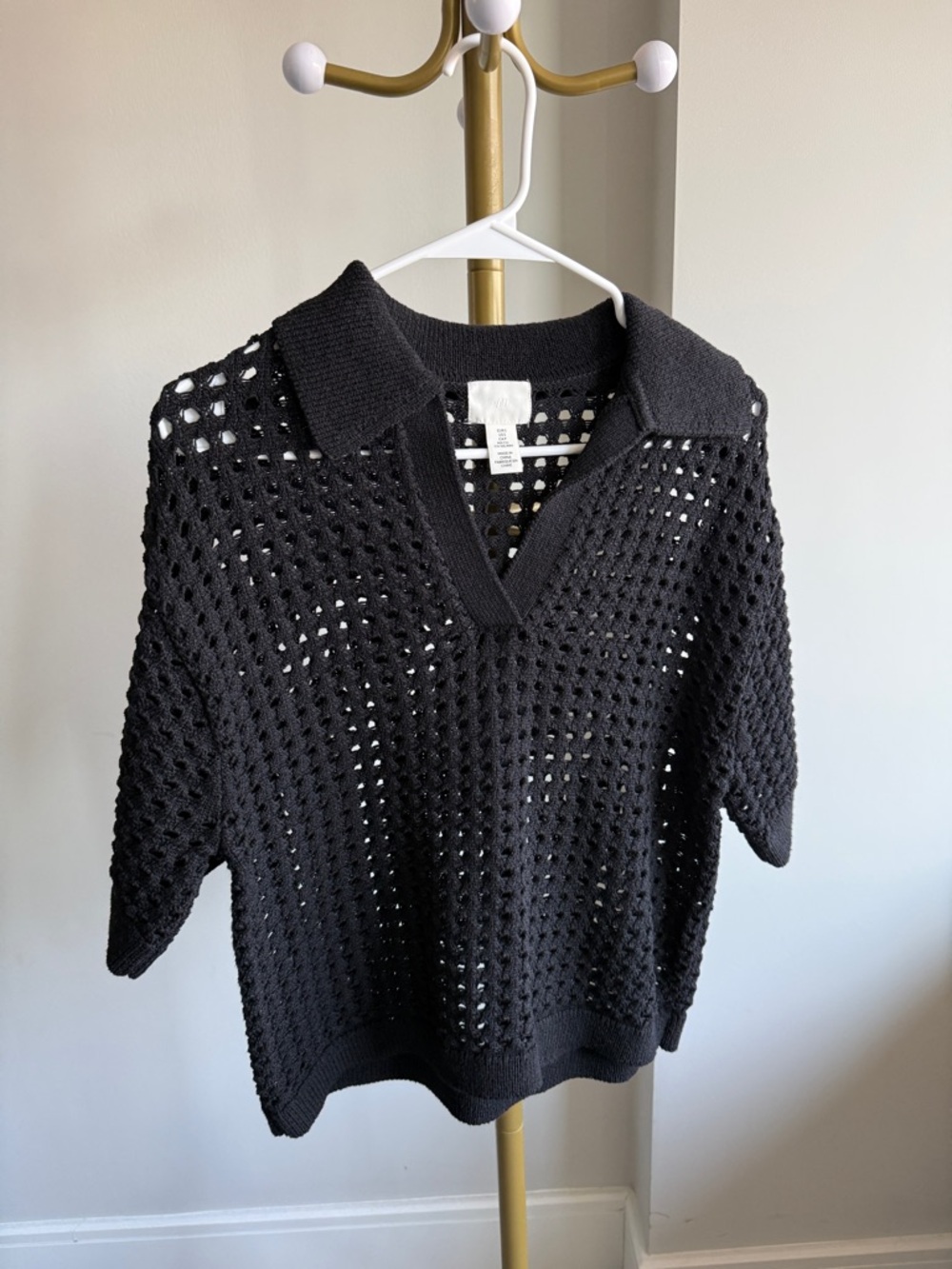 H&M Black Open-Knit Polo Top | Size S